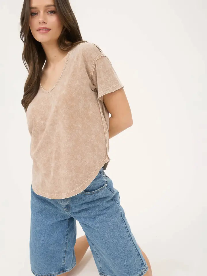Washed Scoop Neck Short Sleeve Knit Top