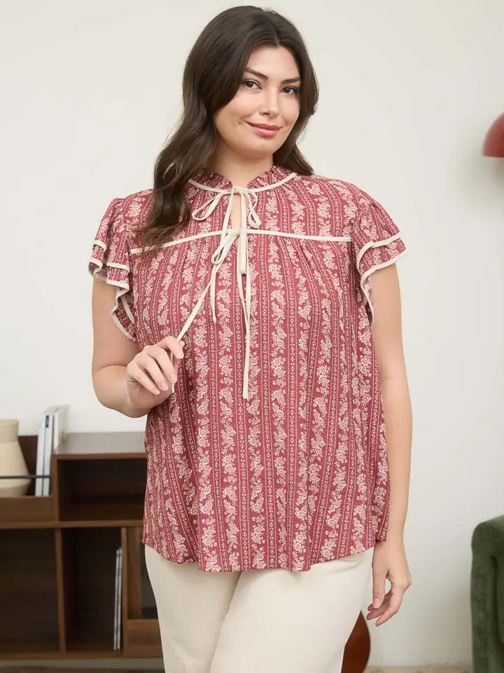 Plus Stripe Floral Pattern Tie Front Ruffle Top