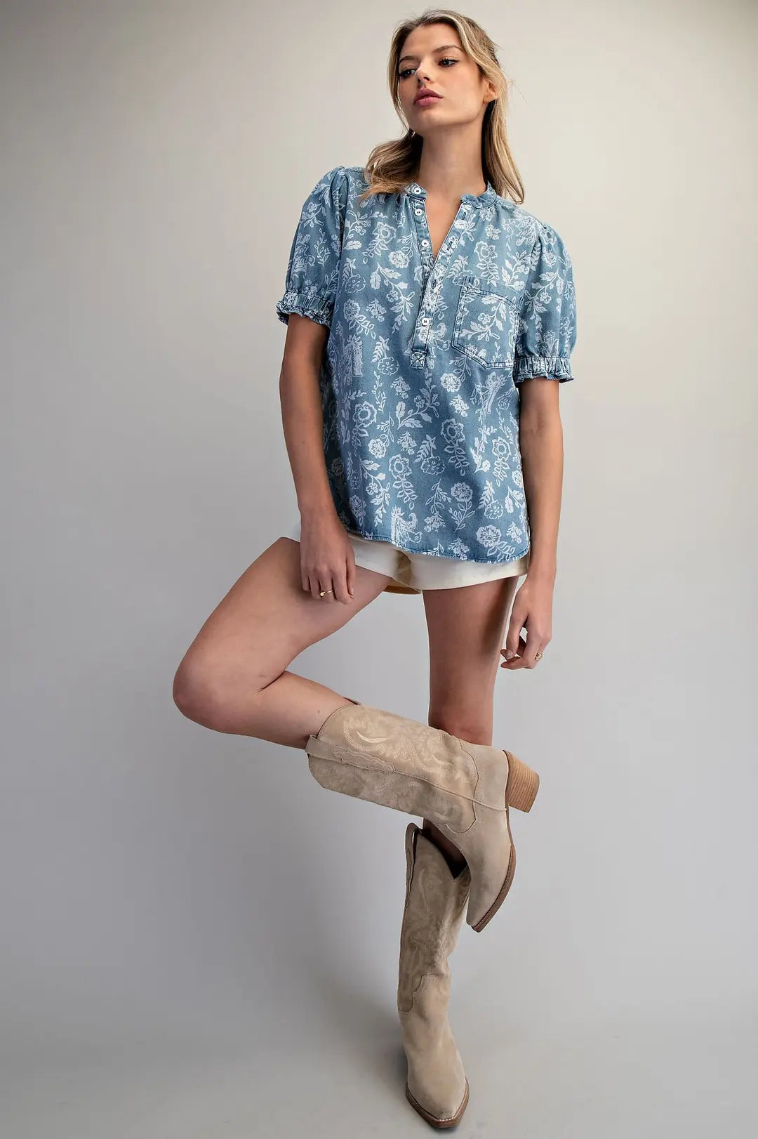 Mineral Washed Floral Printed Blouse