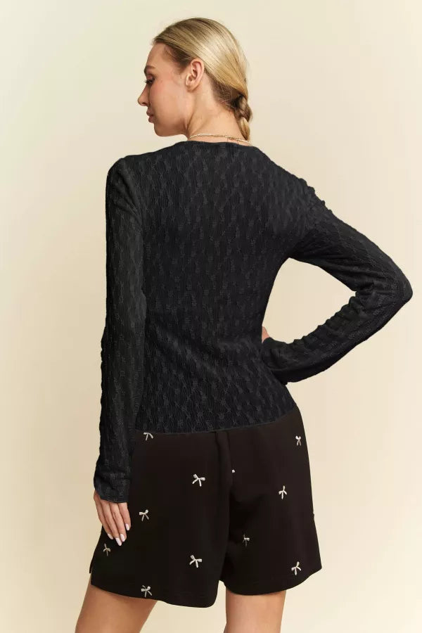Long Sleeve Sheer Embroidered Bows Lace Top