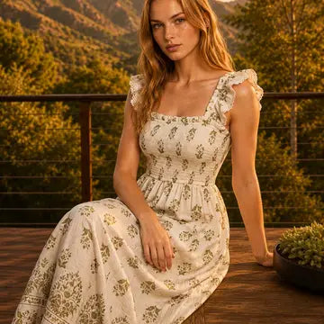 Floral Bordered Hem Trim Smocked Midi Dress