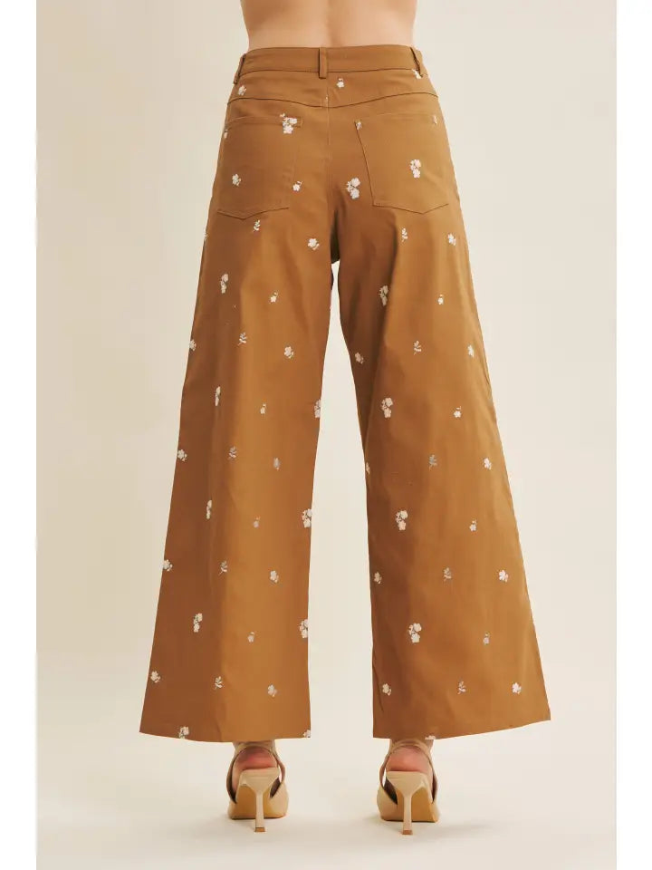 Embroidery Cotton Span Wide-Leg Stretchy Pants