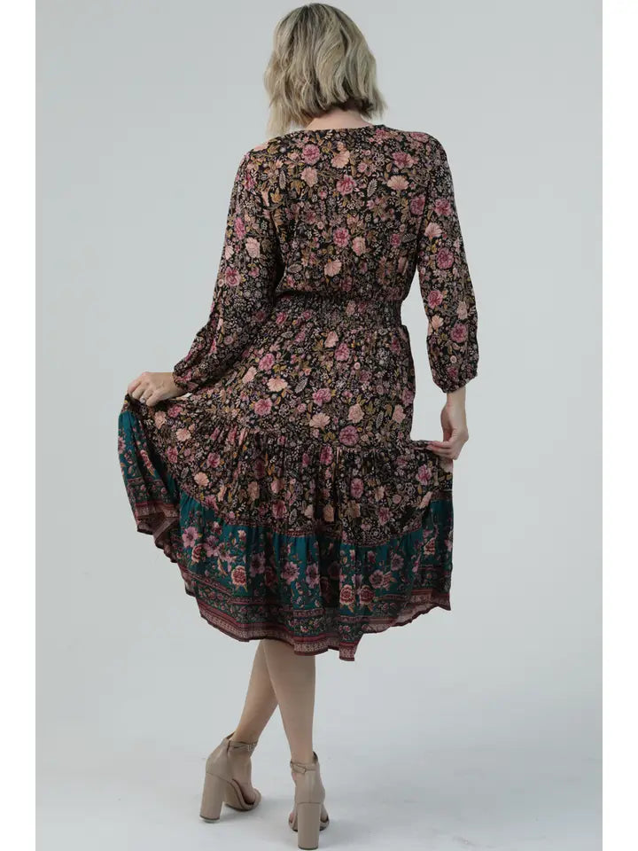 Tiered Maxi Dres with Smocked Bodice Deep V Neck