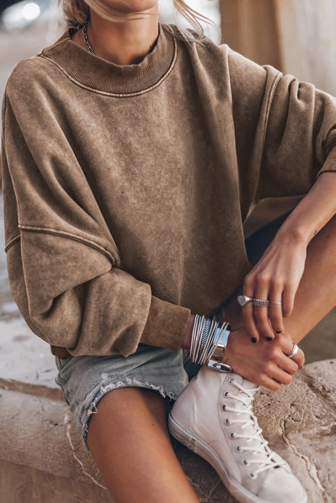 Solid Color Drop Shoulder Crew Neck Pullover Sweatshirt (Brown)