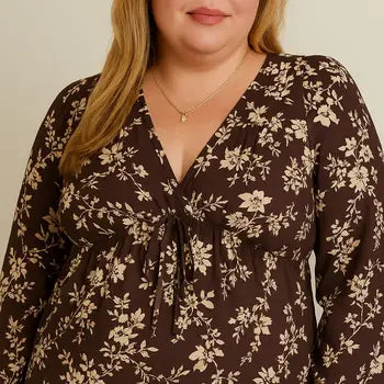 V-Neck Front Tie Long Sleeve Flare Hem Floral Top