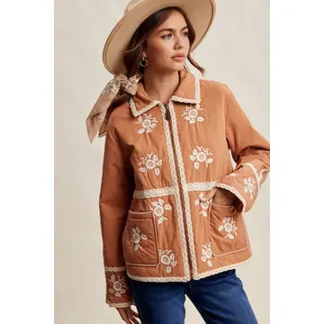 Embroidered Lace Trim Quilted Jacket