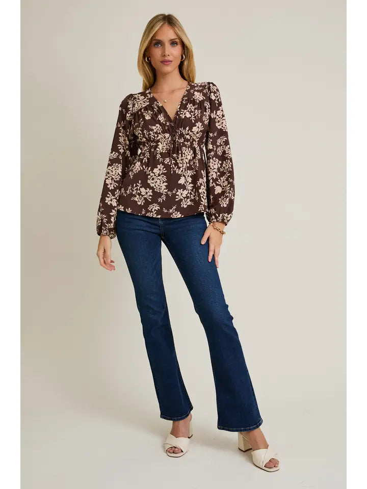 V-Neck Front Tie Long Sleeve Flare Hem Floral Top