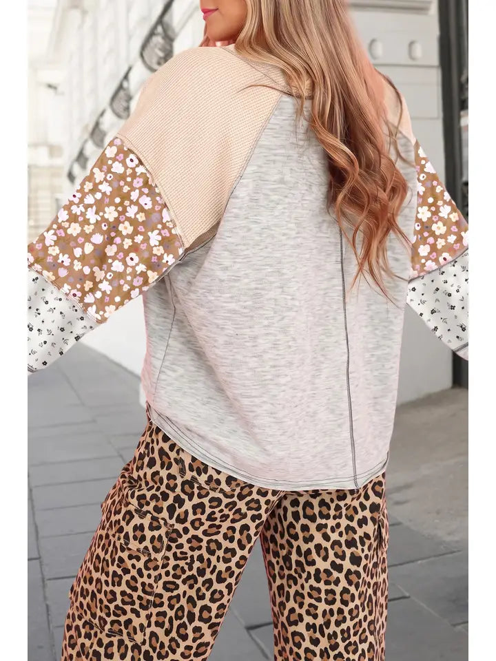 Floral Print Waffle Mixed Patchwork Top