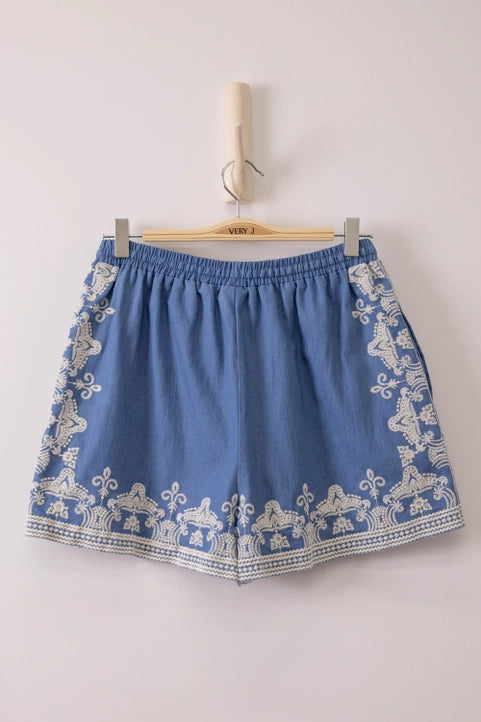 Washed Chambray Embroidered Shorts