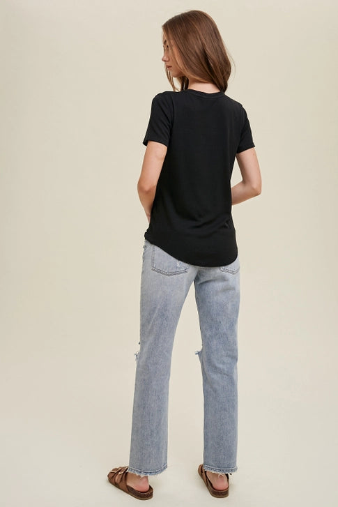 Ribbed Knit Basic T-Shirt Black