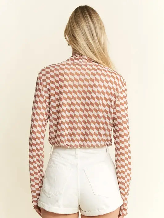 Checkered Mesh Mock Neck Top