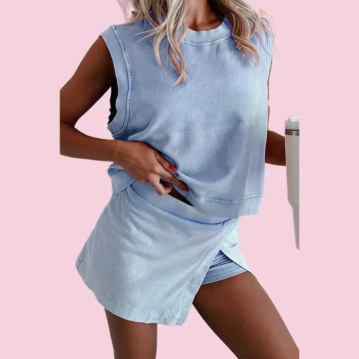 Two Pieces Cotton Tank Top Lined Split Athletic (Blue)