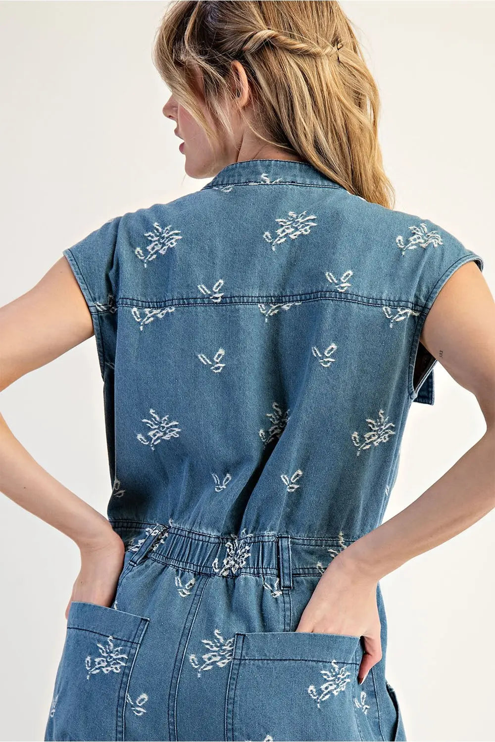 Floral Embroidered Denim Cap Sleeve Jumpsuit