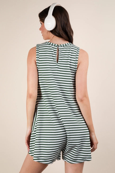 Striped Knit Casual Comfy Romper- Olive