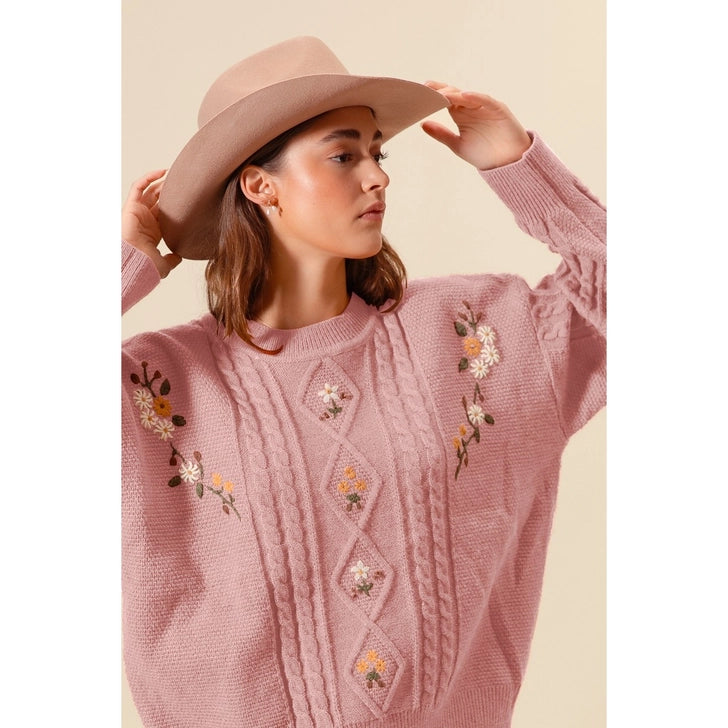 Embroidered Flower Cable Knitted Sweater Top