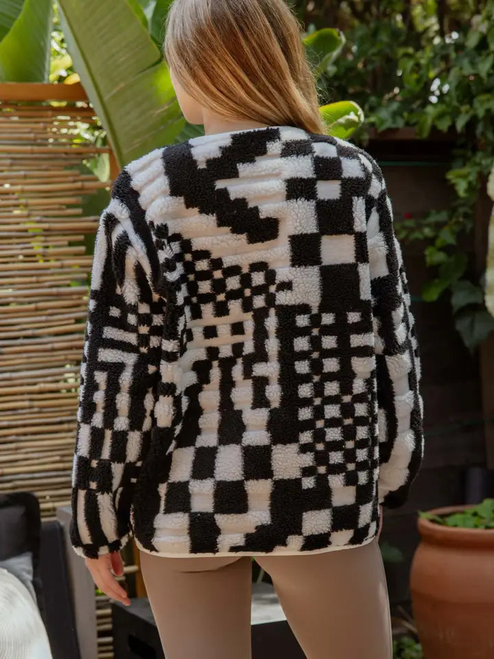 Checkered V Neck Button Down Fleece Jacket