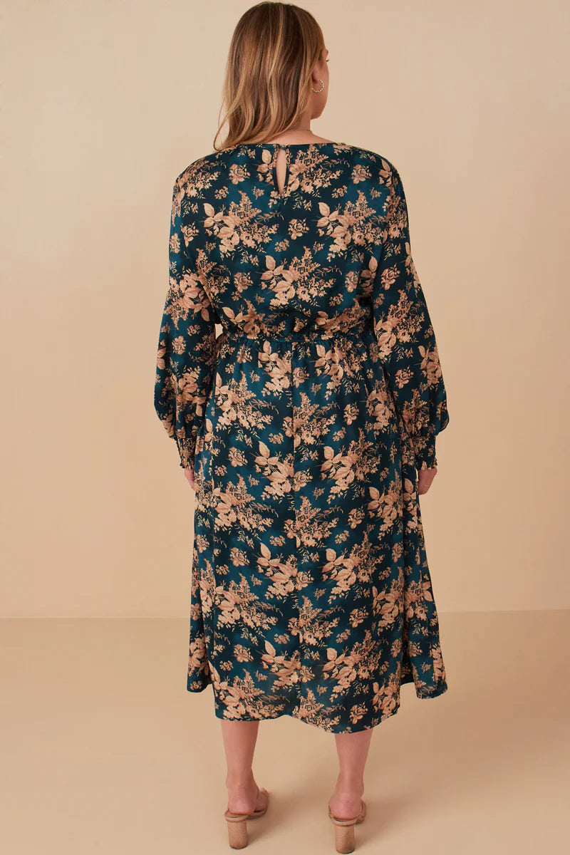 Womens Antique Floral Smocked Panel V Neck Dress