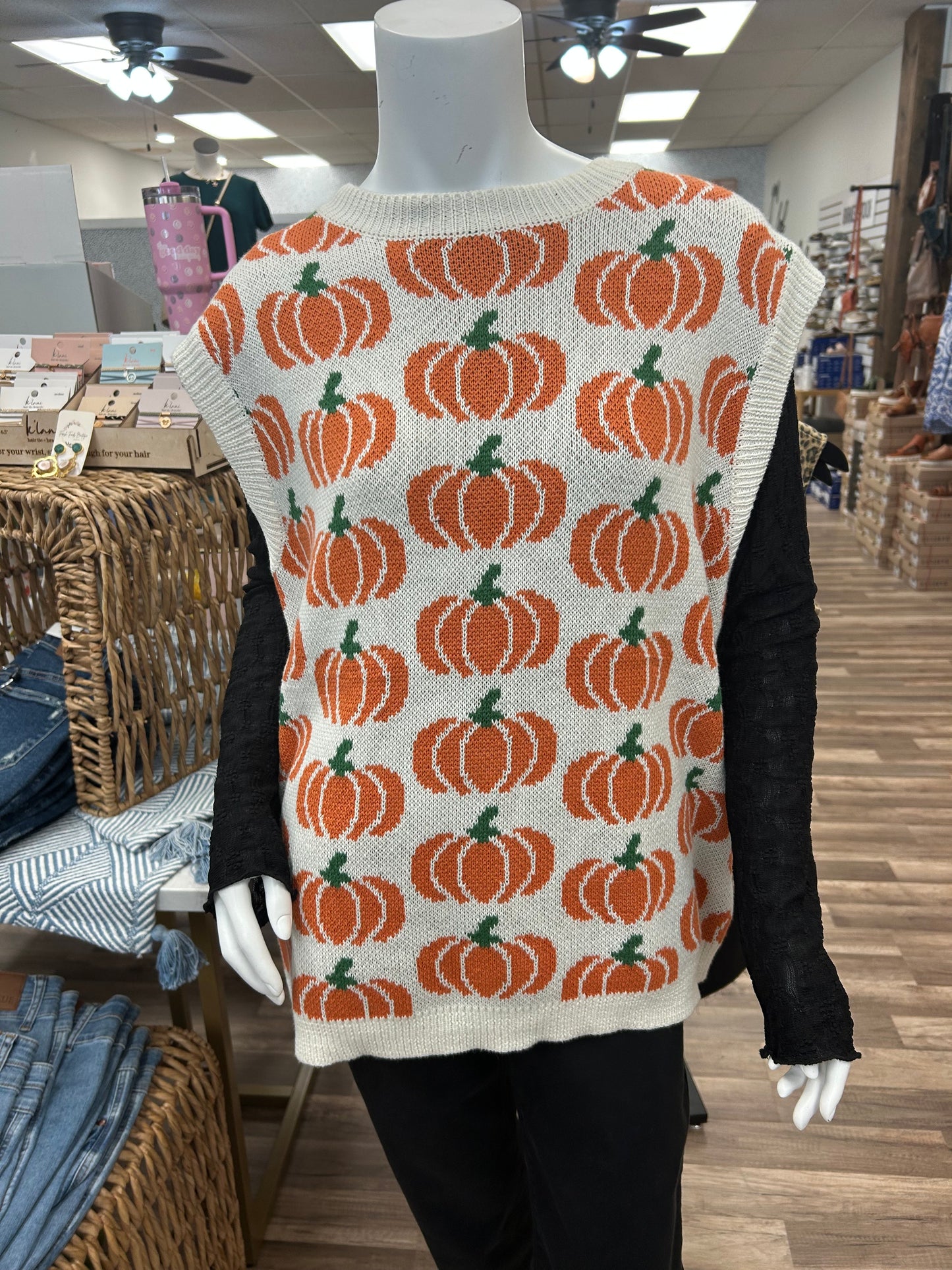 Pumpkin Print Sleeveless sweater Knit Top