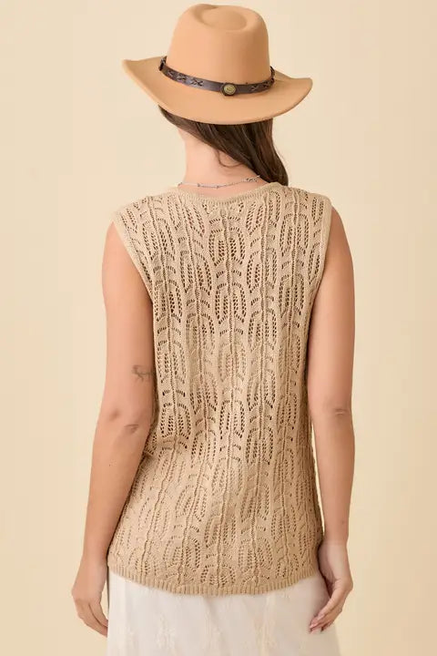 Long Crochet Knitted Vest with Front Tie Strap
