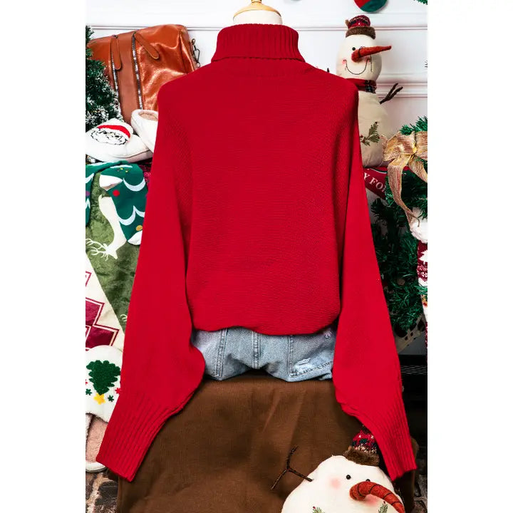 Merry Letter Embroidered High Neck Christmas Sweater Red