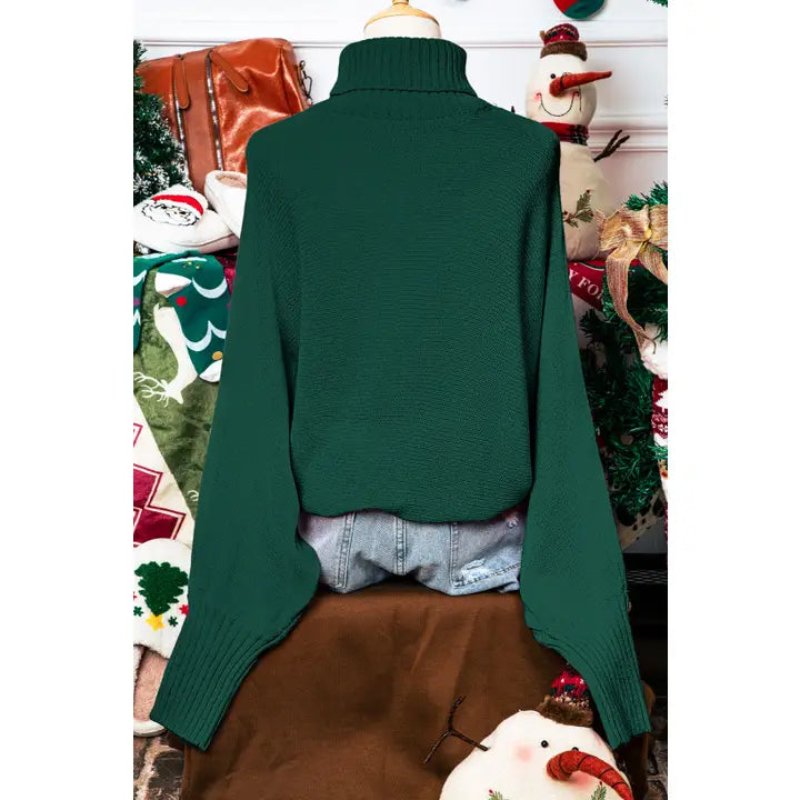 Merry Letter Embroidered High Neck Christmas Sweater Green