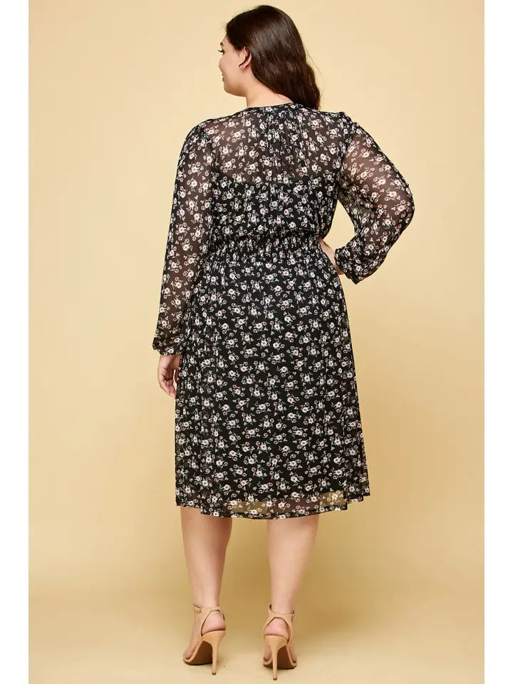 Plus Size Smocked Long Sleeve Midi Dress