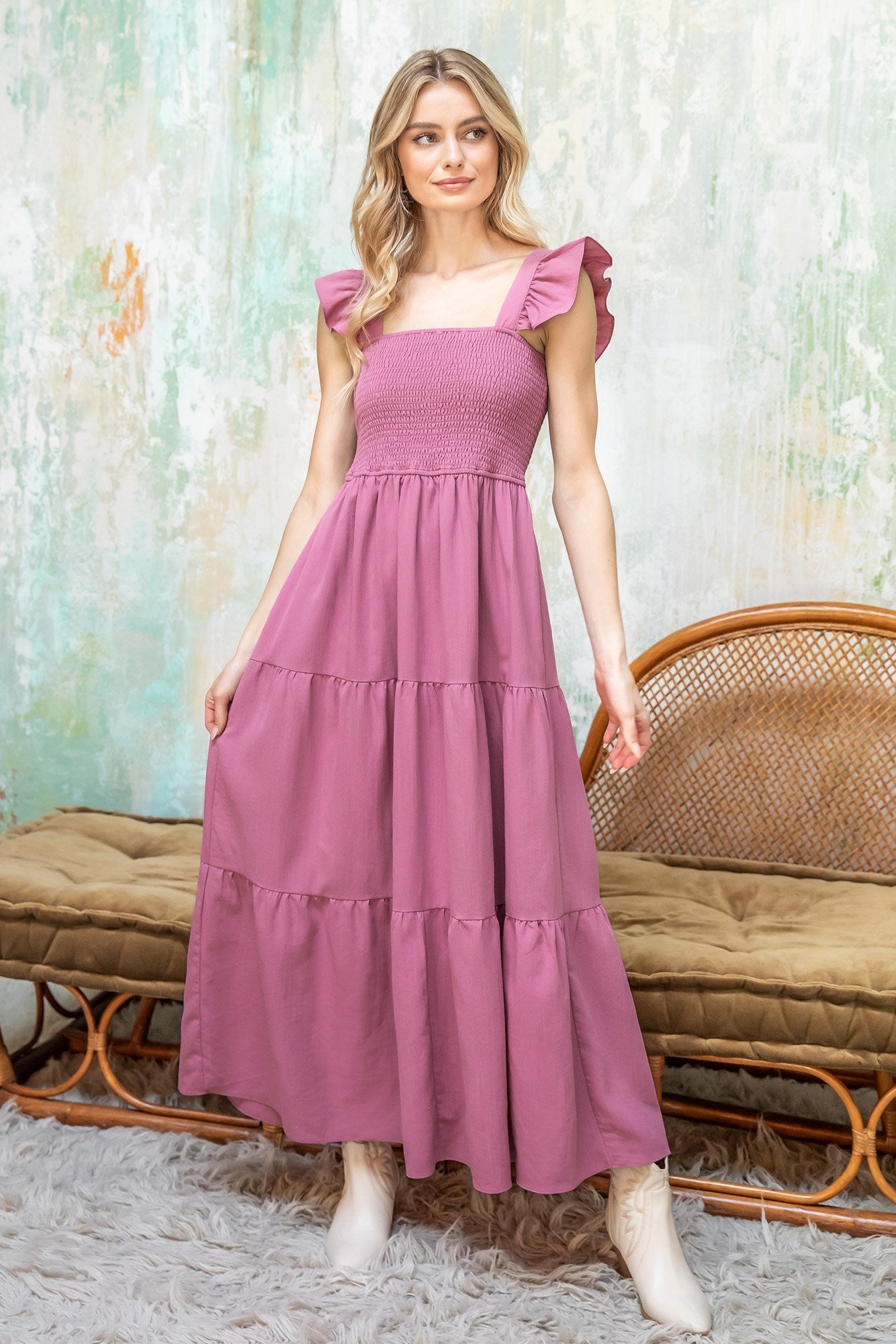 Mauve Ruffled Sleeve Square Neck Smocked Tiered Dress