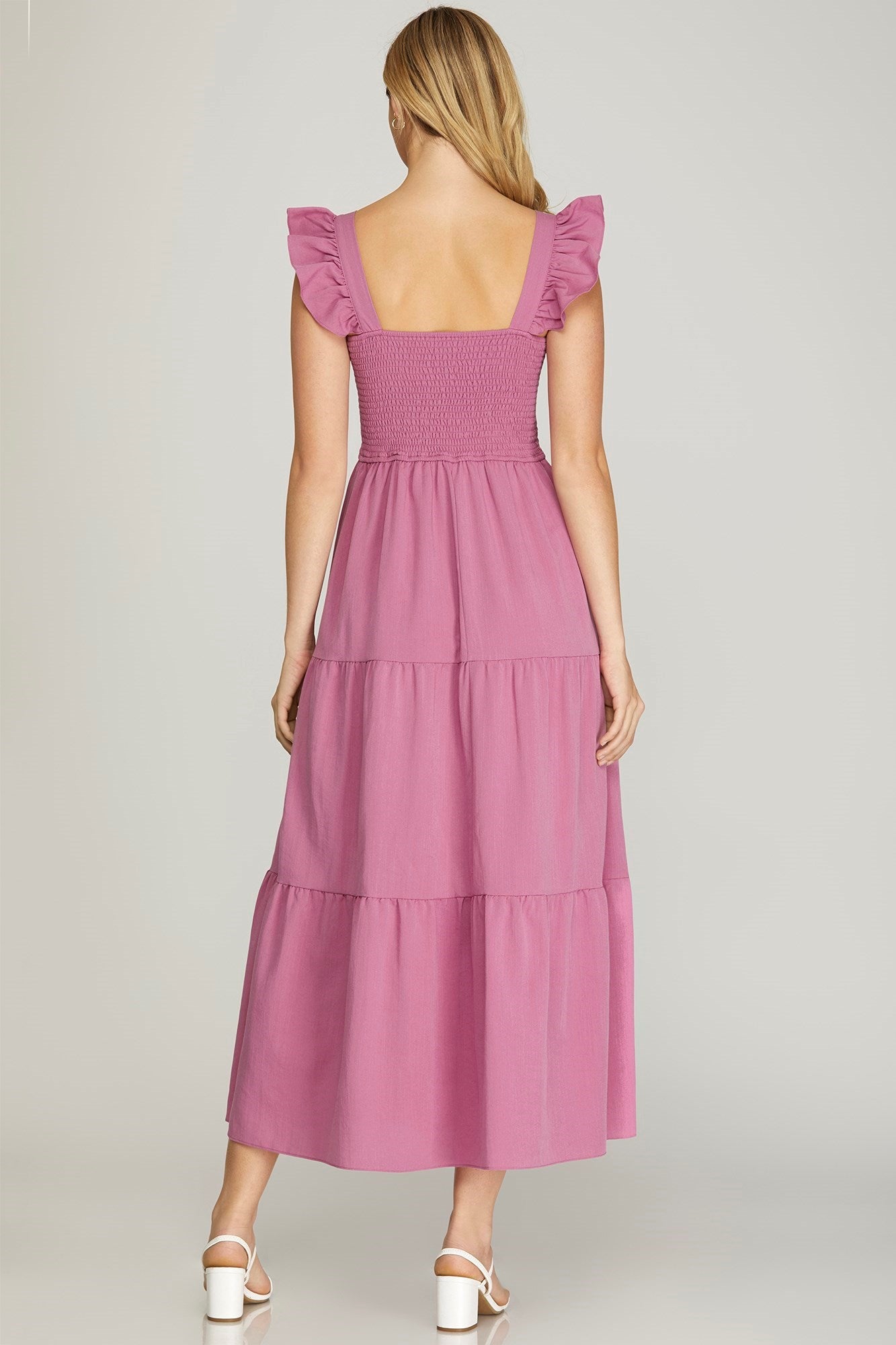 Mauve Ruffled Sleeve Square Neck Smocked Tiered Dress
