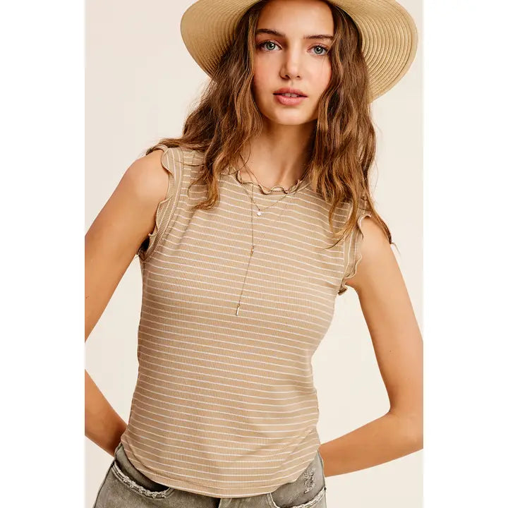Stretchy Brushed Ruffle Sleeve Stripe Tank Top Biscut