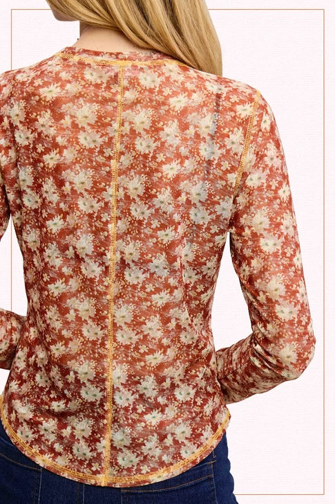 Semi Sheer Crew Neck Long Sleeve Mesh Layering Top - Cinnamon