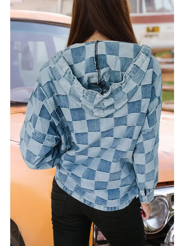 Checkered Zipped Neck Kangaroo Pocket Denim Hoodie