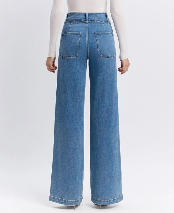 Super High Rise Tie Waistband Wide Leg Jeans