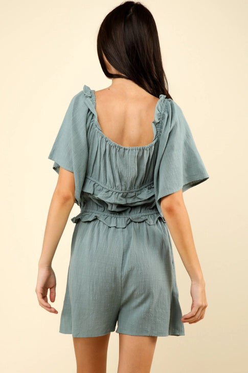 Sweetheart Neckline Casual Solid Woven Romper