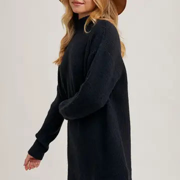 Mock Neck Knit Sweater Mini Dress-Black