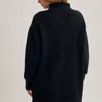 Mock Neck Knit Sweater Mini Dress-Black