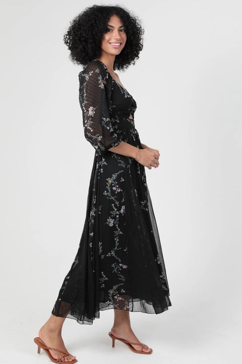 V Neck Twist Front Sheer Godet Maxi Dress