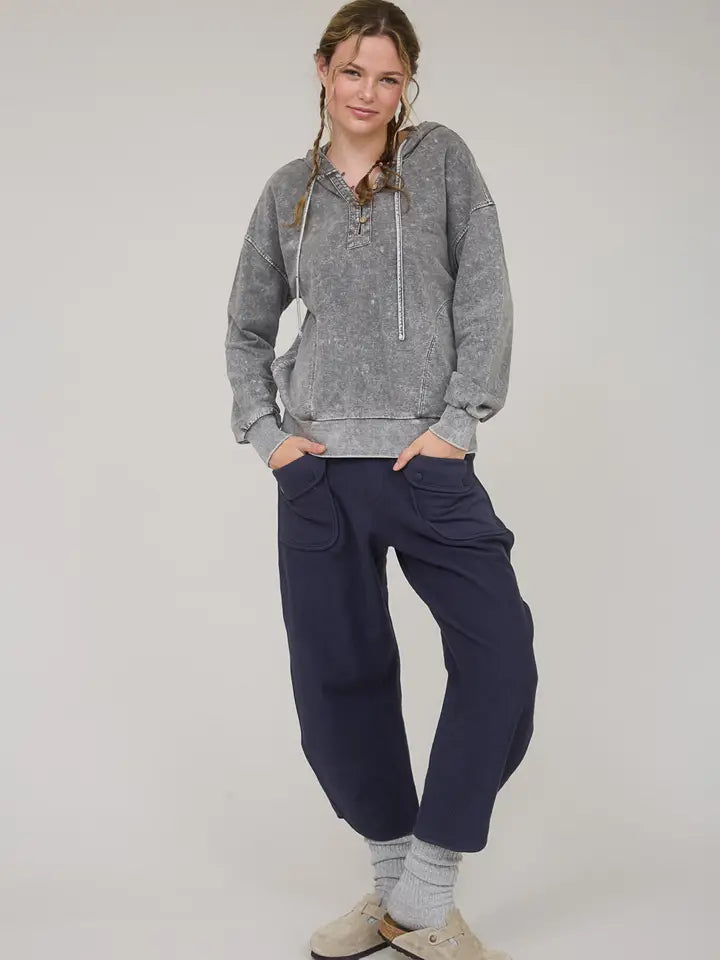 Washed Hooded Henley Knit Sweater