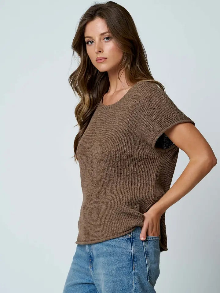 Crew Neck Raw Sleeve Relaxed Sweater Knit Top