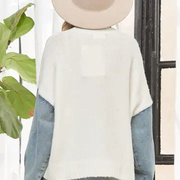 Knit Sweater with Denim Long Sleeves