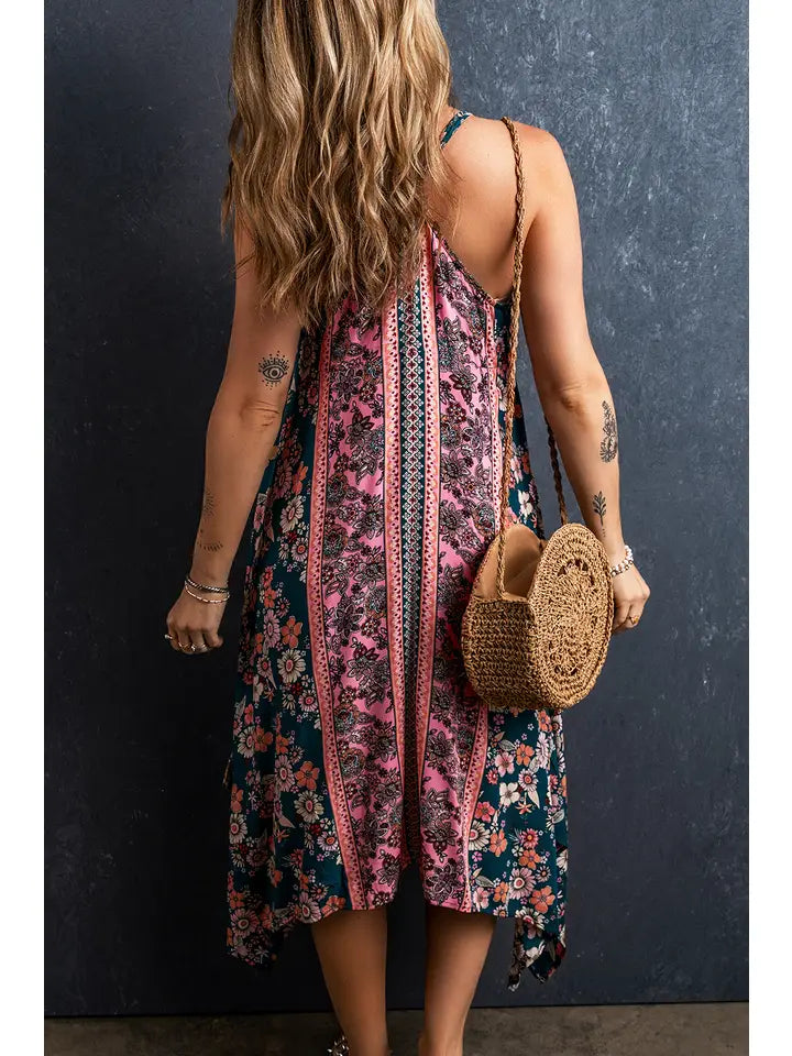 Pink Bohemian Floral Patchwork Print Long Sundress
