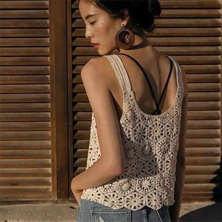 Vintage Embroidery Hollow Out Crochet Knit Vest
