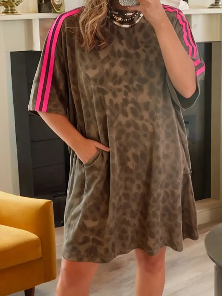 Striped Accent Leopard T Shirt Mini Dress with Pockets