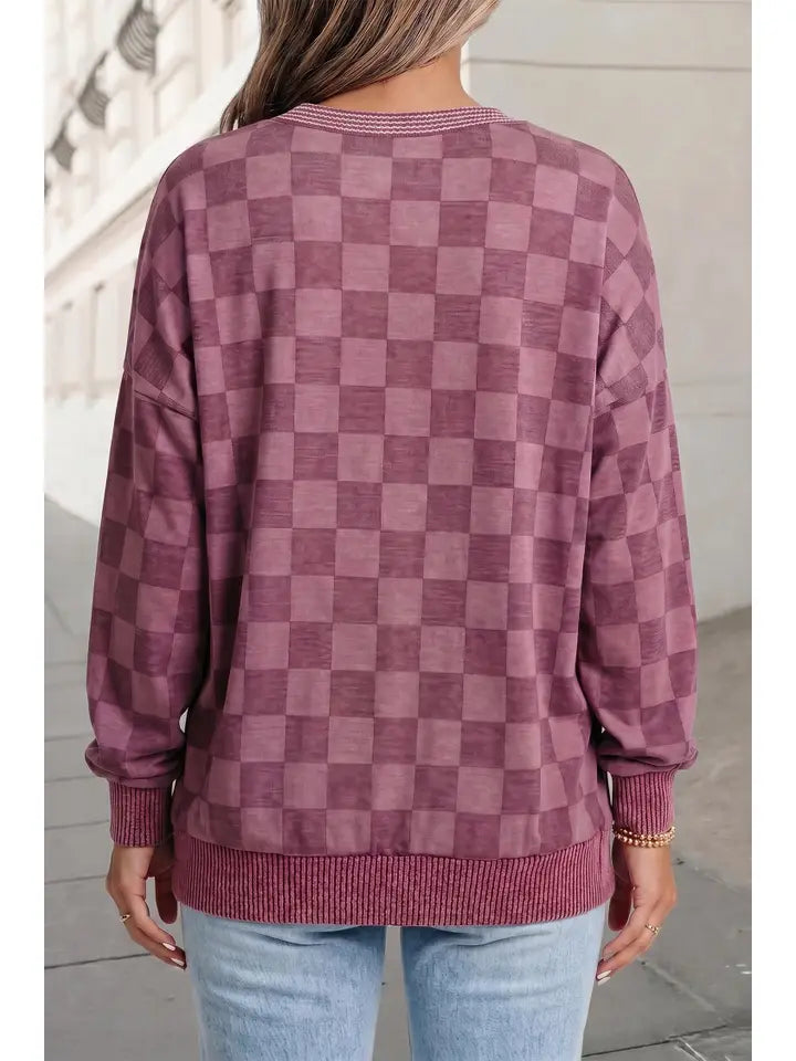 Checkered Print Ribbed Detail Long Sleeve Shift Top