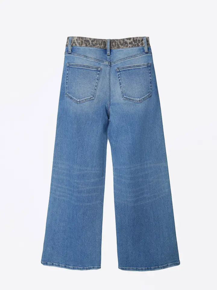 High Rise Leopard Print Waistband Ankle Wide Jeans