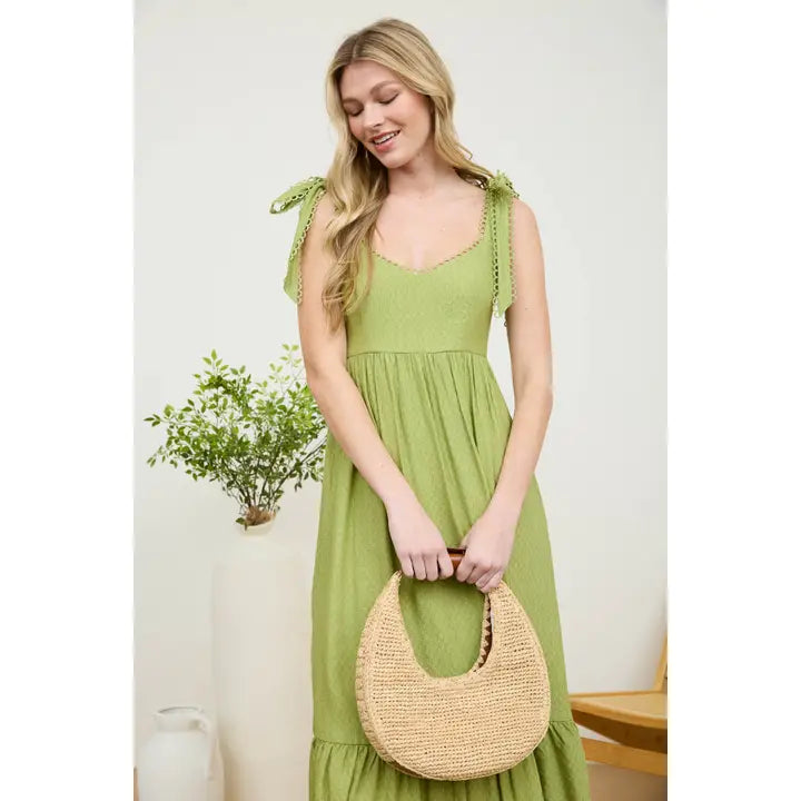 Scallop Eyelet Trim Tie Strap Midi Dress