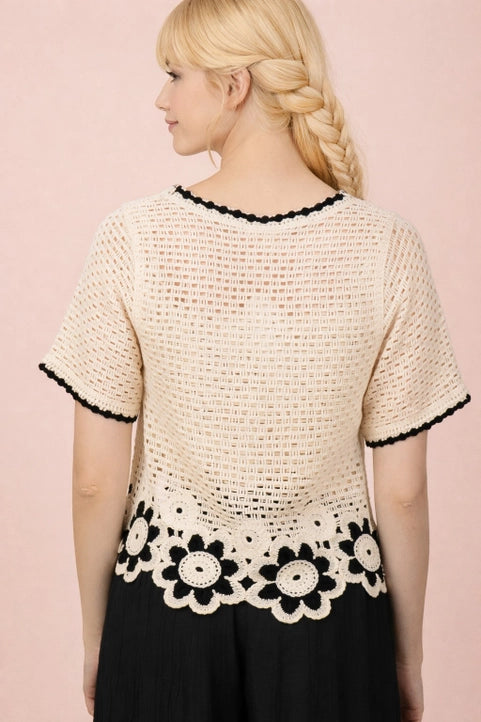 Floral Hem Crochet Button Down Top