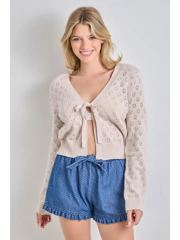 Pointelle Knit Front Tie Cardigan