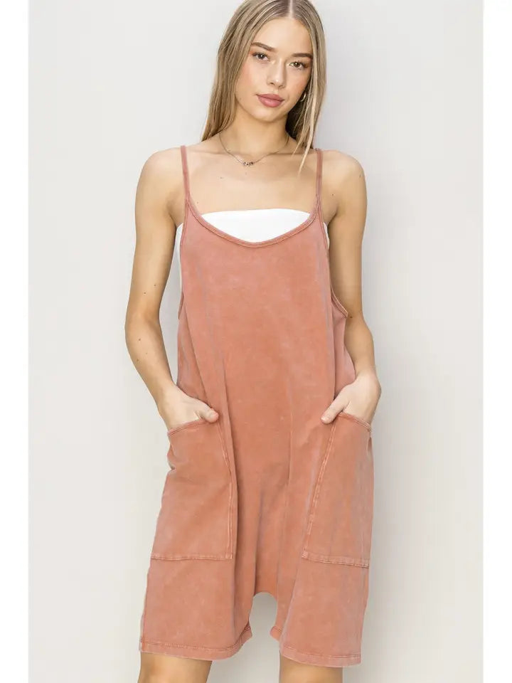 Double Zero Mineral Washed Cami Romper - Baked Clay