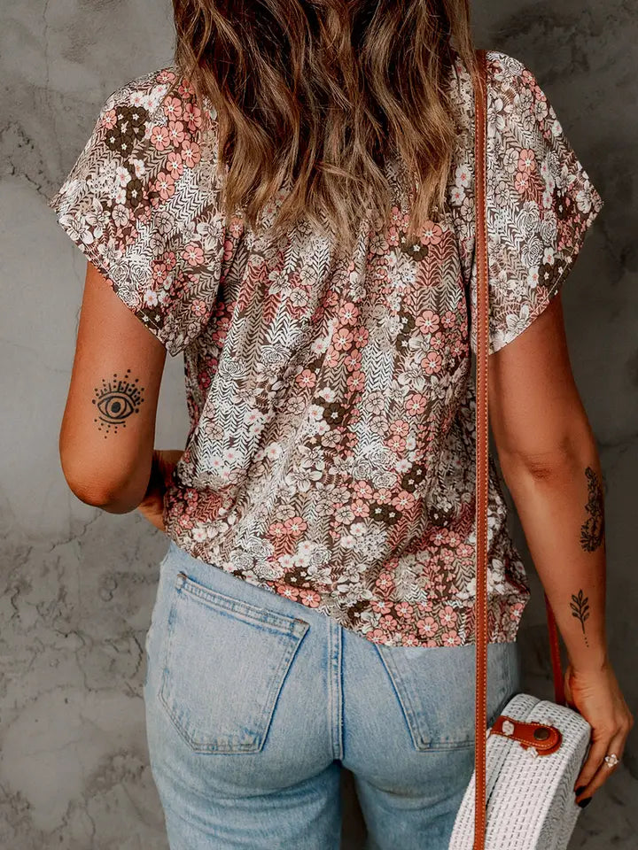 Floral V-Neck Short Sleeve Flutter Top