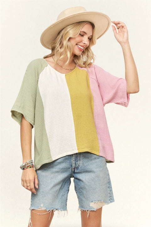 Drop Shoulder Washed Colorblock Top